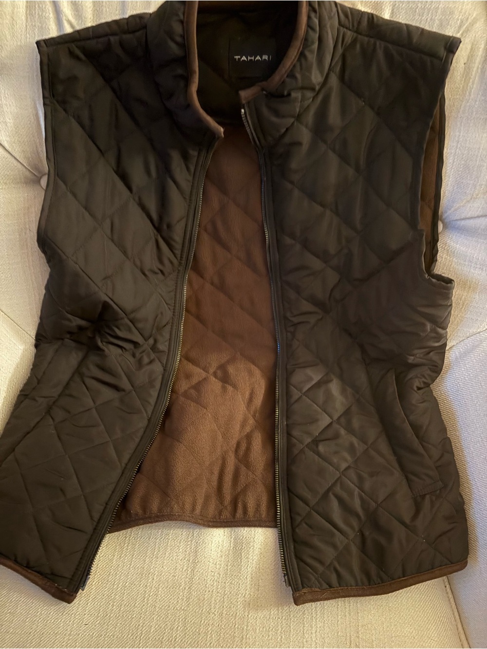 Tahari Quilted Black Vest with Brown Interior Trim